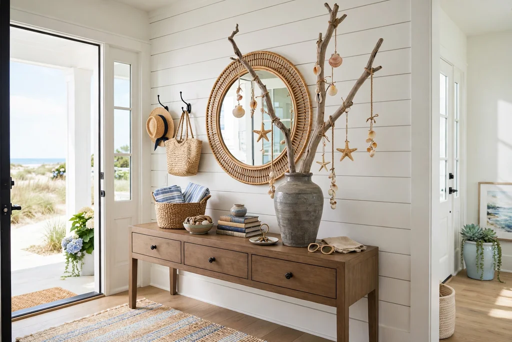 Entry console with a tall driftwood branch in a vase hung with shell ornaments.