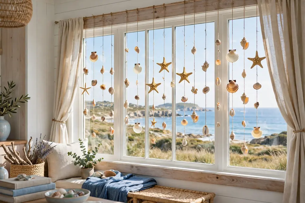 Window hung with starfish and shell ornaments at varied lengths.