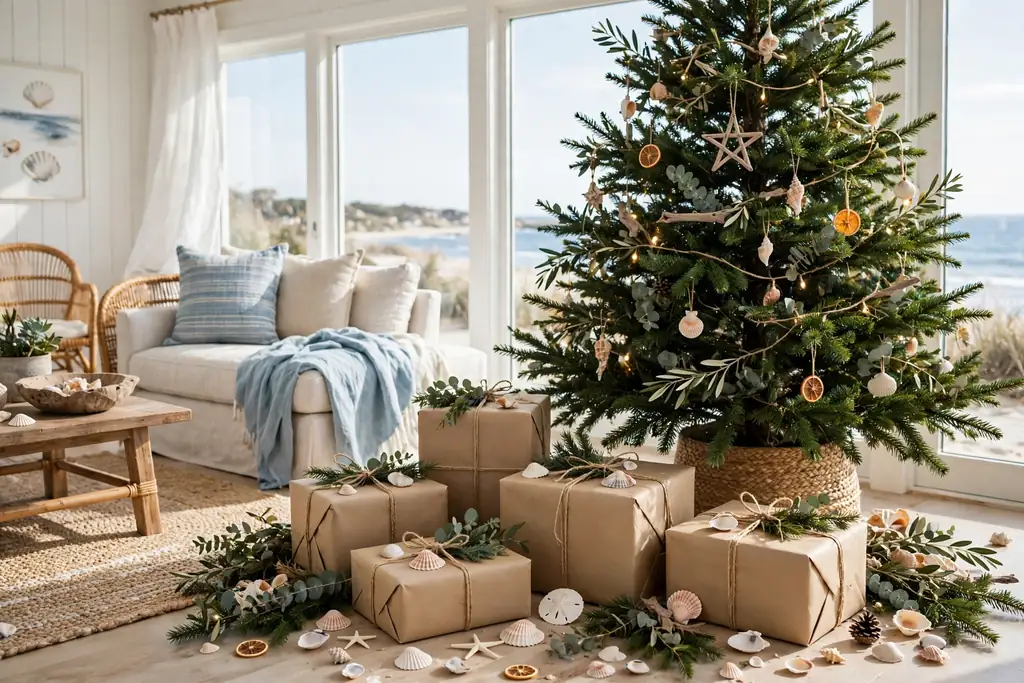 Gifts wrapped in kraft paper with twine, greenery sprigs, and small shells.