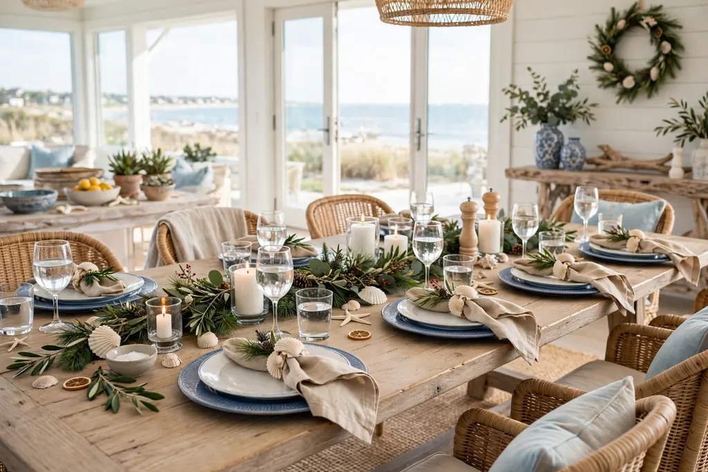 Dining table set with blue chargers, sand napkins, and shell napkin rings.