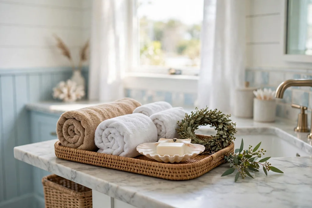 Bathroom counter tray with rolled sand towels, a shell soap dish, and greenery.