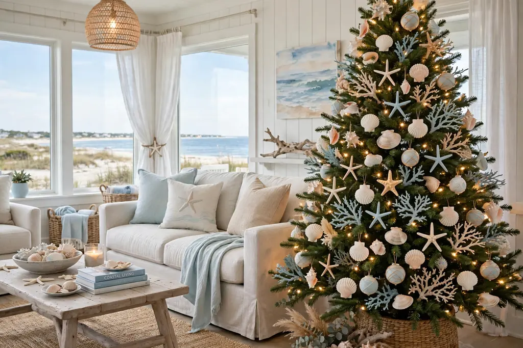 Christmas tree decorated with seashell and starfish ornaments in white, sand, and pale blue.