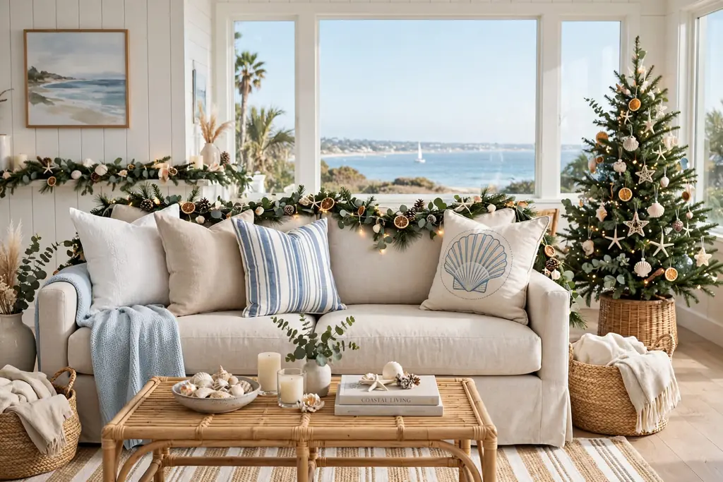 Coastal sofa styled with linen pillows in white, sand, and blue stripes.
