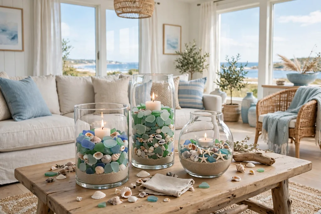 Coffee table with glass vases filled with sea glass, shells, sand, and candles.