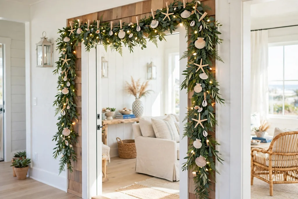 Interior doorway hung with a greenery garland clipped with shells and starfish.