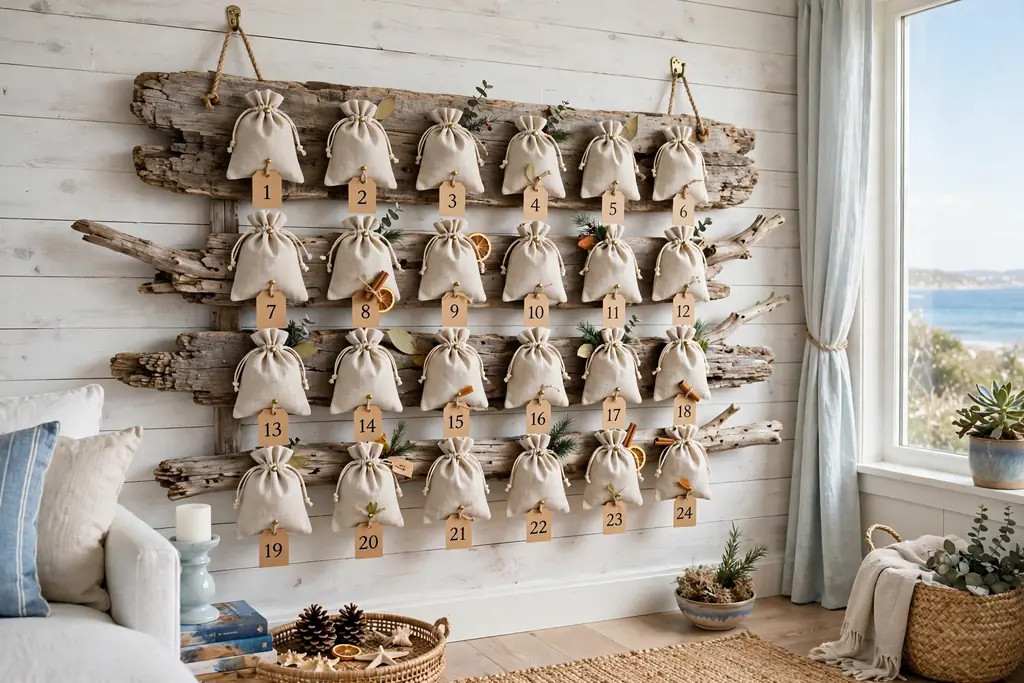 Wall hung driftwood board with small linen pouches pinned in rows as an advent calendar.