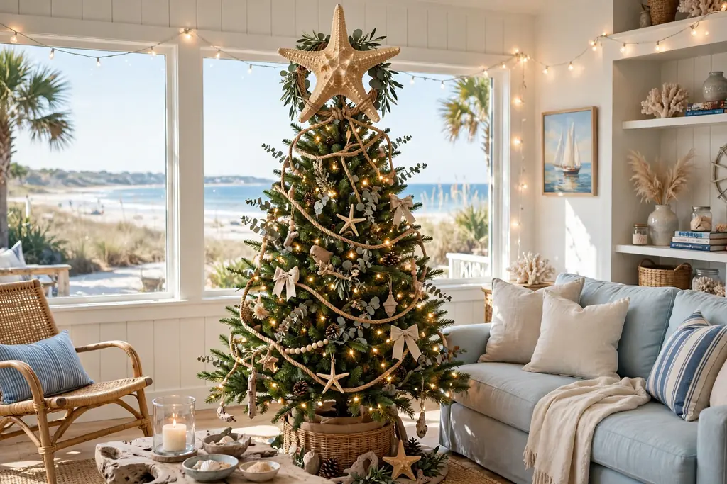 Christmas tree topped with a starfish topper wrapped with rope and greenery.