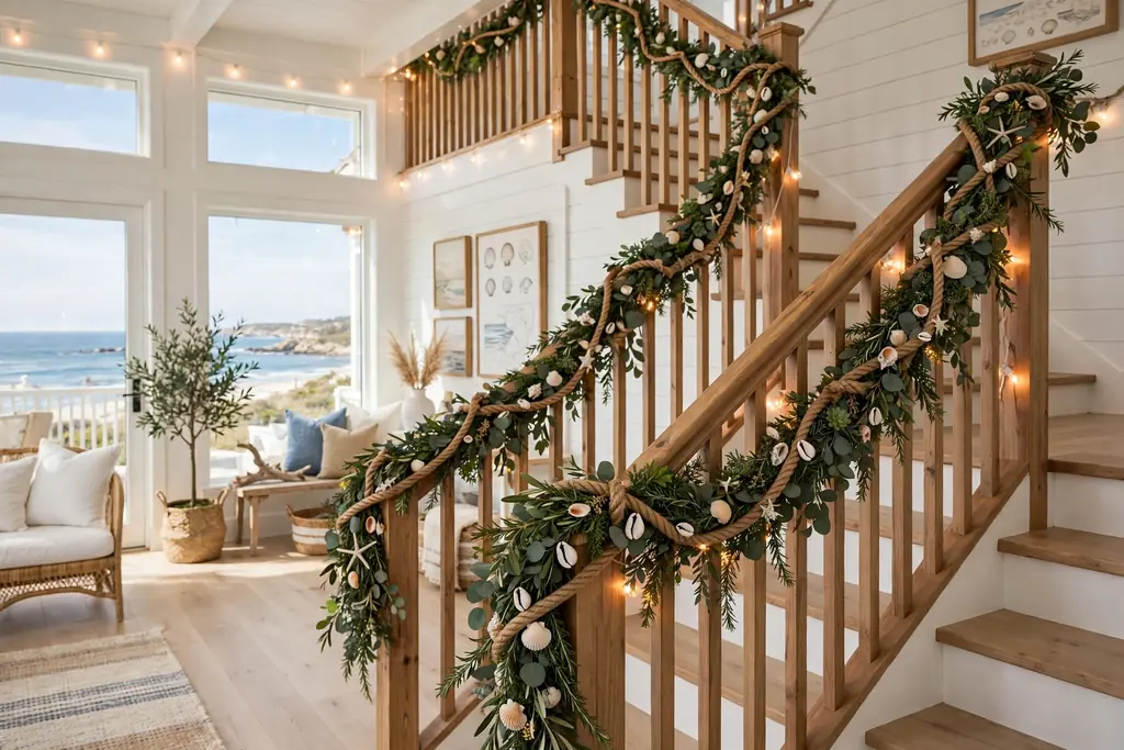 Staircase banister draped with greenery garland, rope, and small shells.