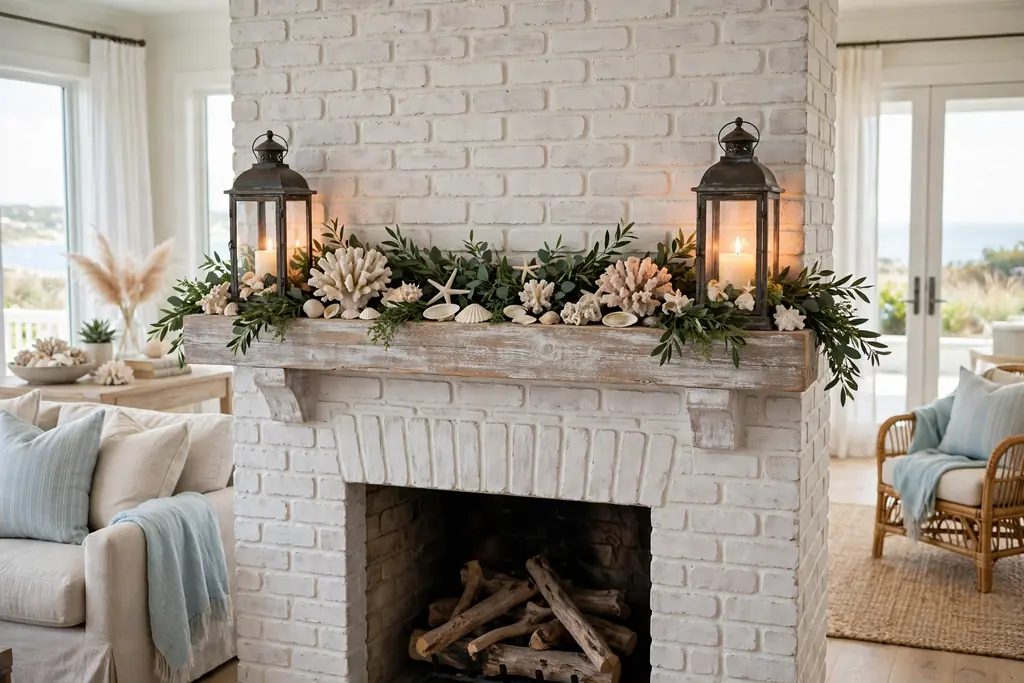 Whitewashed coastal mantel with lanterns, coral, shells, and greenery.