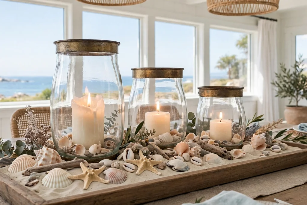 Dining table centerpiece with hurricane lanterns, sand, shells, and candles.