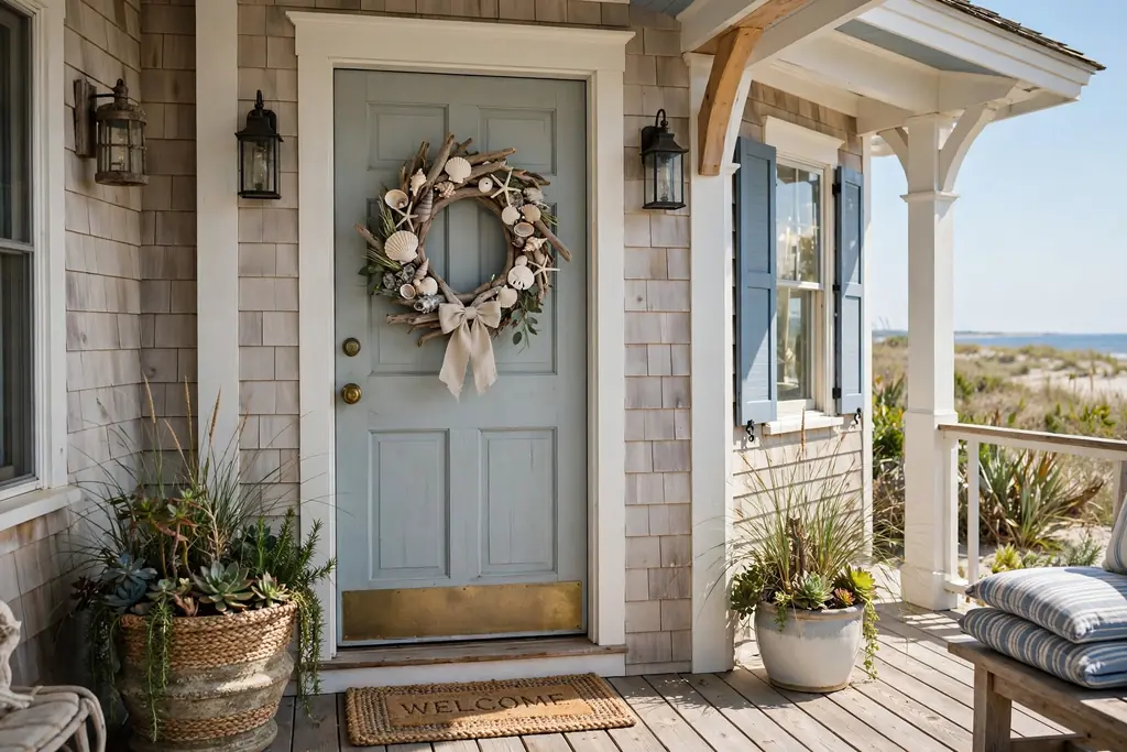 Front door hung with a driftwood and shell wreath and a linen bow.