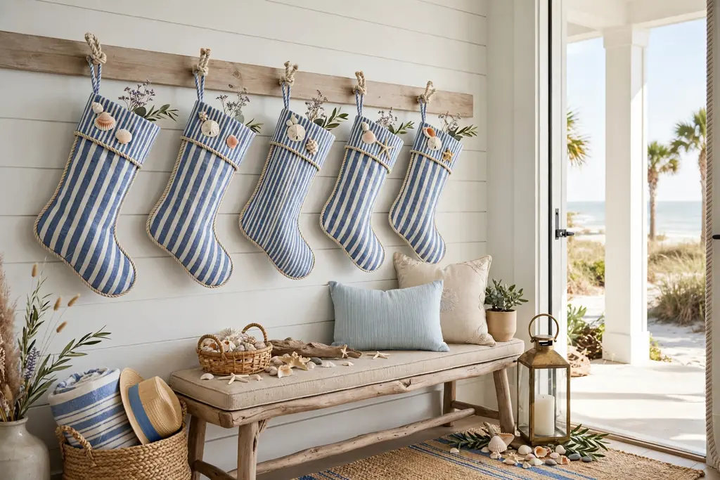 Entry wall rail hung with striped linen stockings trimmed with rope.