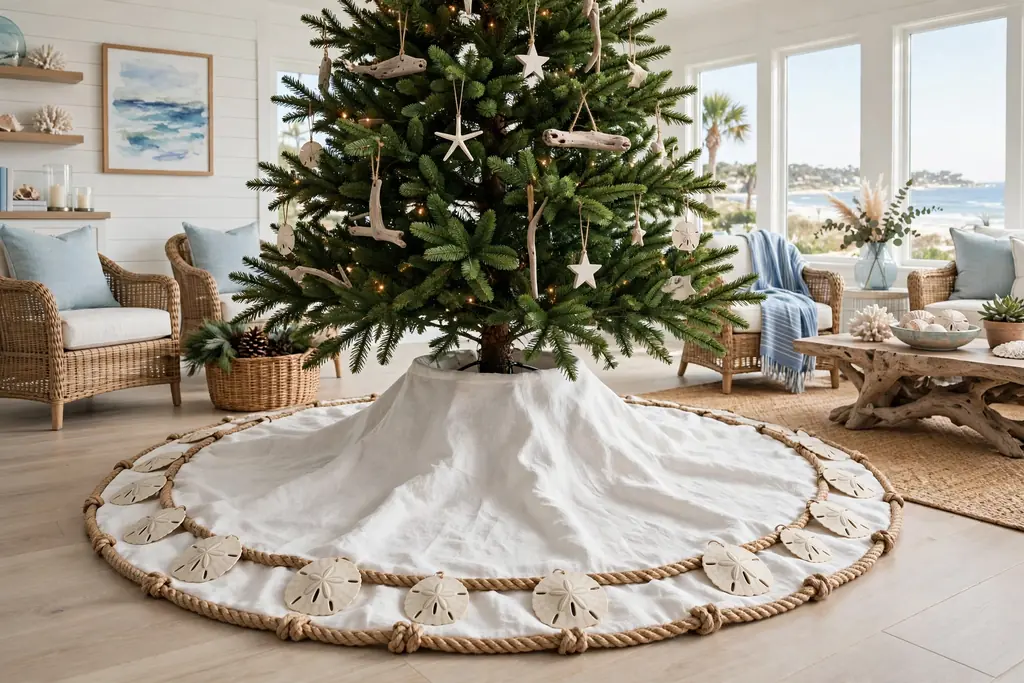 Christmas tree base with a linen tree skirt edged with rope trim and sand dollars.