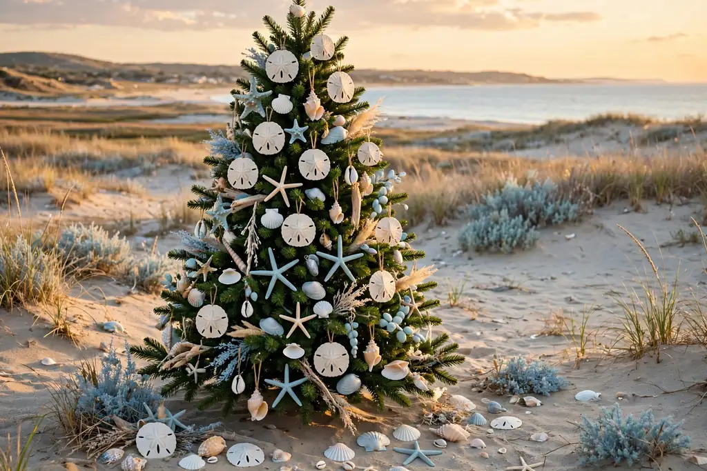 Green Christmas tree decorated with shells, starfish, and sand dollars.