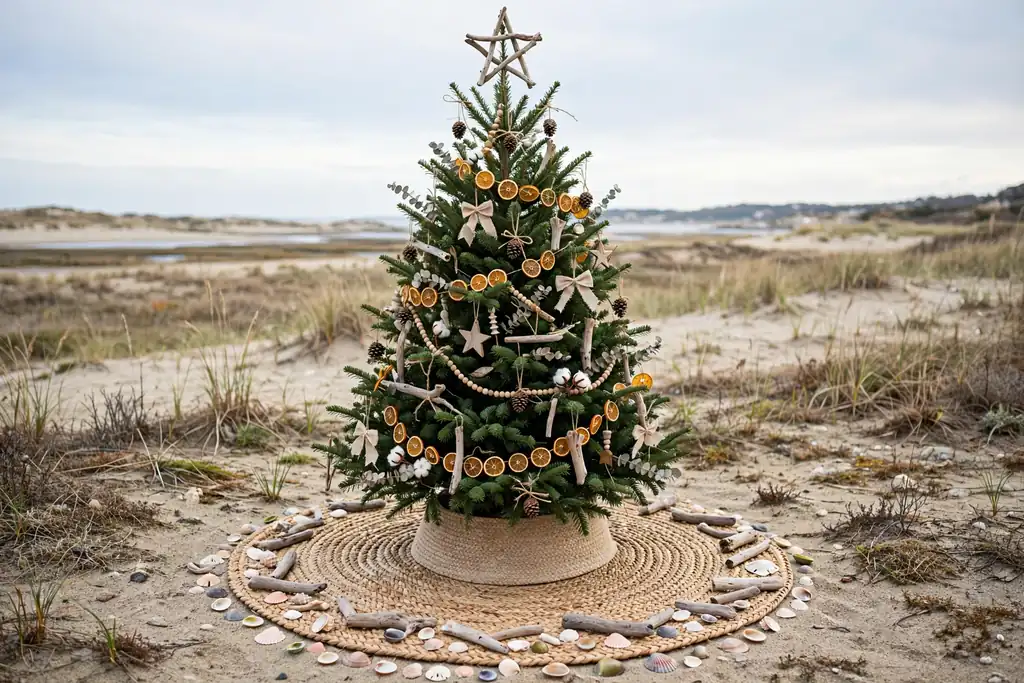 Christmas tree with a woven seagrass tree skirt and driftwood pieces.