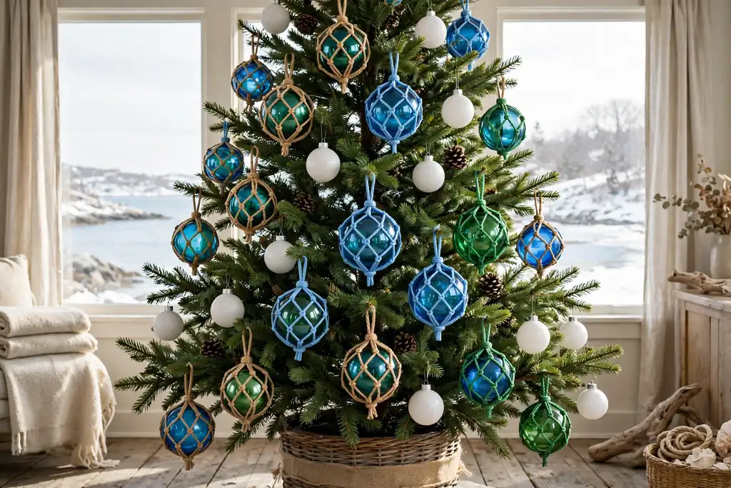 Christmas tree decorated with blue and green glass fishing float ornaments.