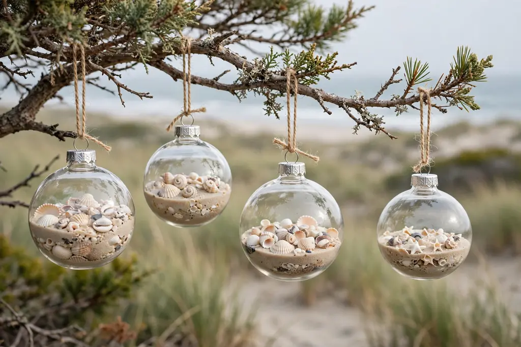 Clear Christmas ornaments filled with sand and tiny shells on a tree.