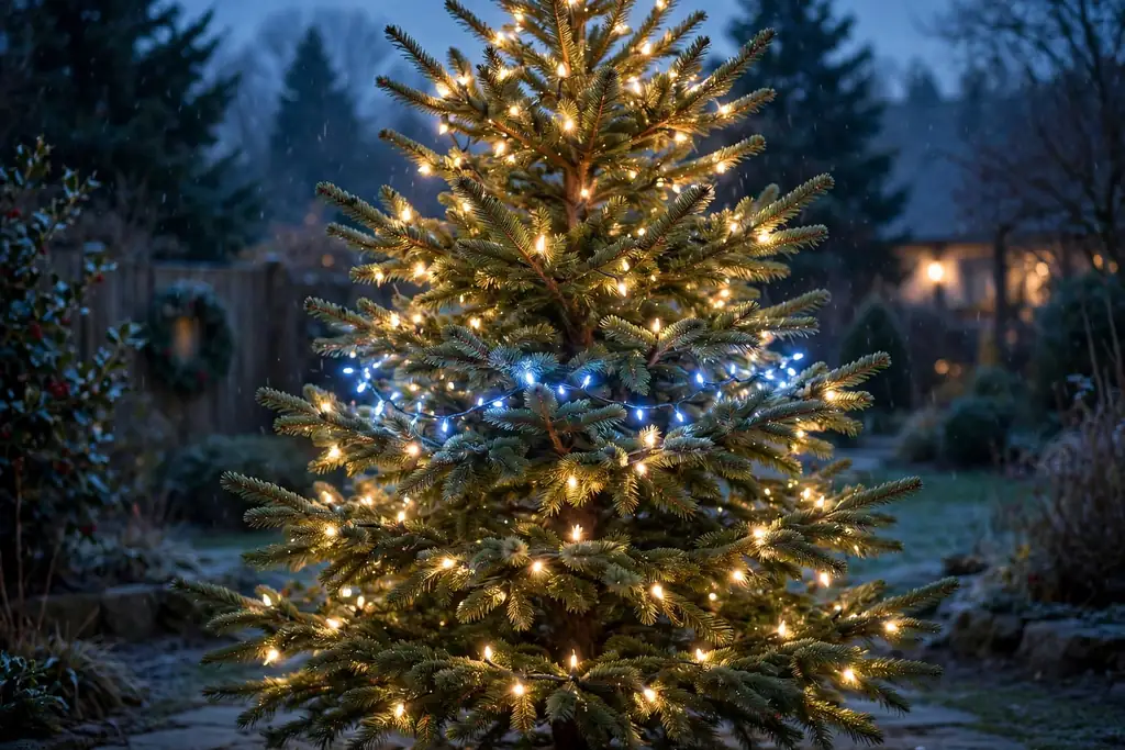 Christmas tree lit with warm white lights and a soft blue accent strand.