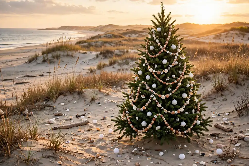 Christmas tree draped with a shell garland of small shells and beads.