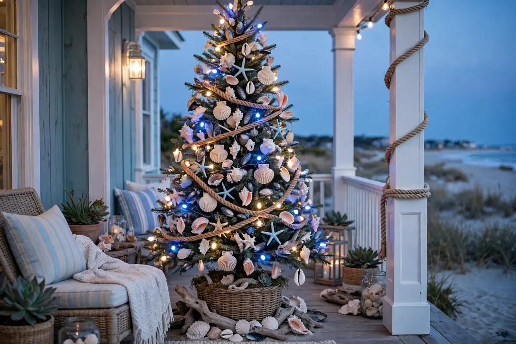 Porch Christmas tree decorated with rope, weatherproof shells, and outdoor lights.