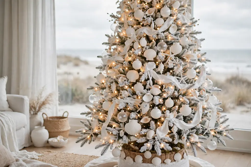 All white Christmas tree decorated with white shells, glass balls, and white ribbon.