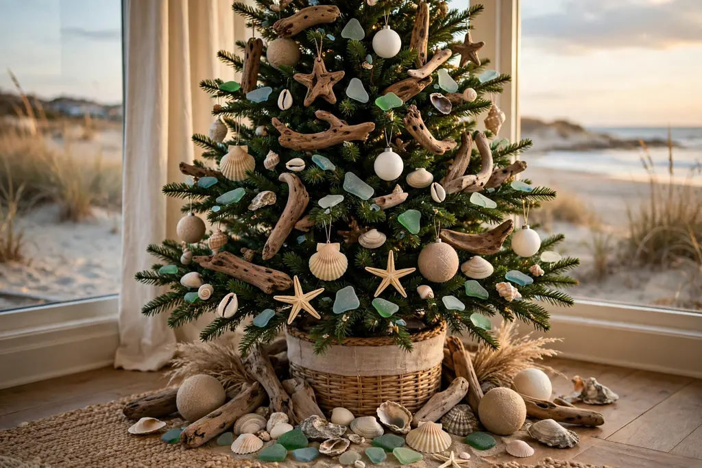 Christmas tree decorated with collected shells, sea glass, and driftwood pieces.