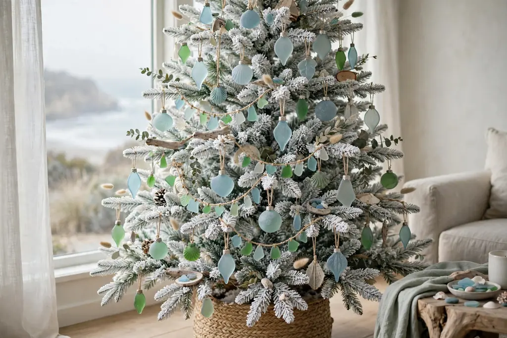 White flocked Christmas tree decorated with sea glass ornaments in soft blue and green.