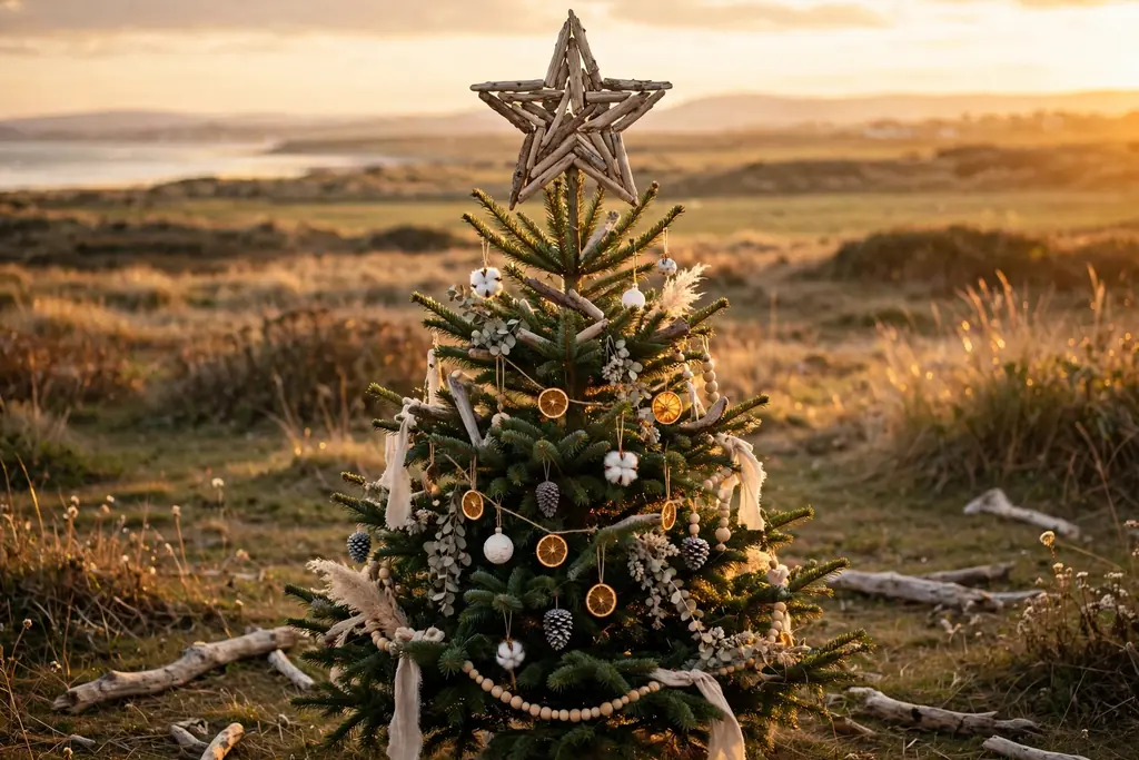 Christmas tree topped with a star made from driftwood pieces.