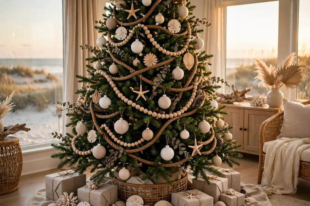 Christmas tree wrapped with nautical rope and wooden bead garland.