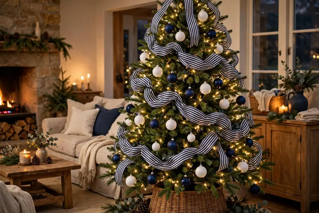 Christmas tree with navy and white striped ribbon cascades.