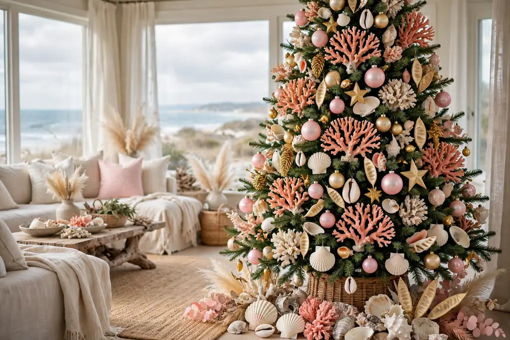 Christmas tree decorated with coral shapes and blush pink ornaments.