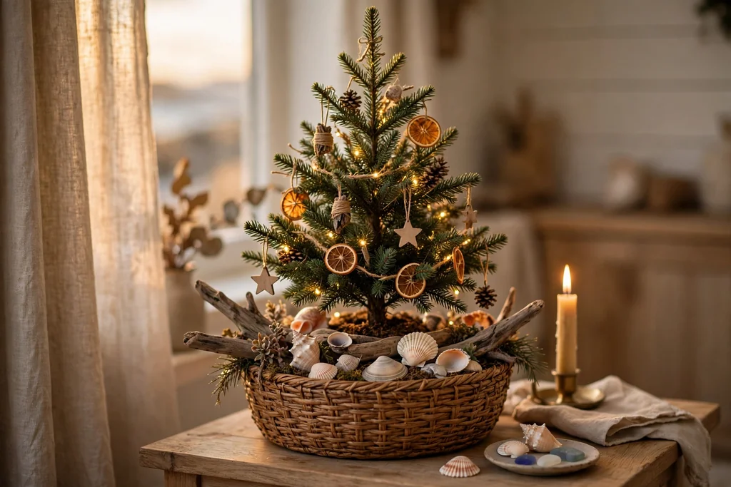 Small tabletop Christmas tree in a woven basket with shells at its base.
