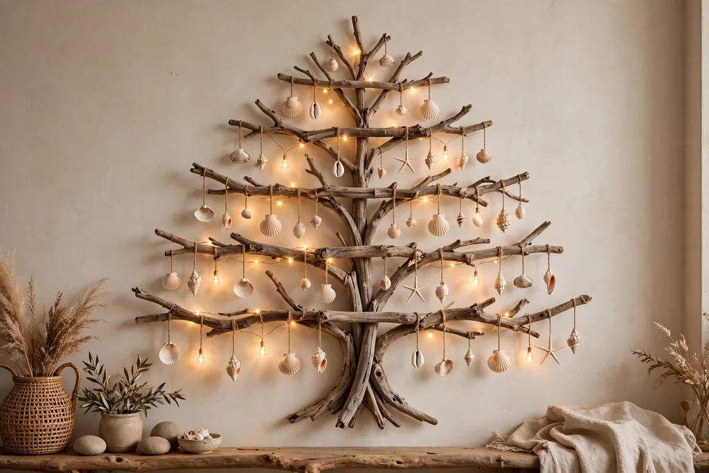 Wall mounted tree shape made from driftwood branches with shells and lights.