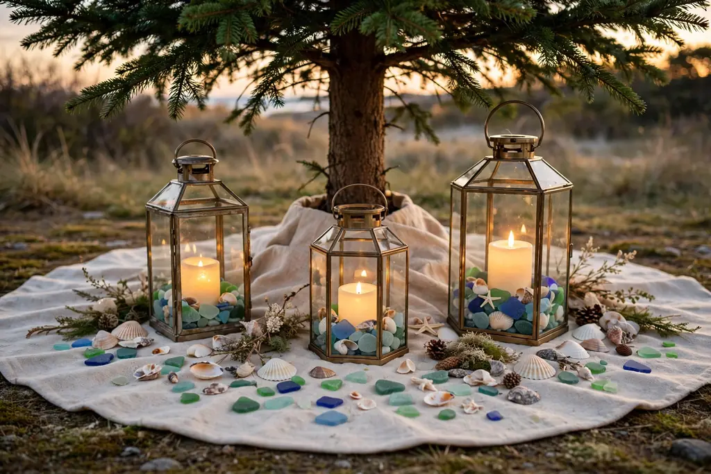 Christmas tree base with glass lanterns, candles, shells, and sea glass.