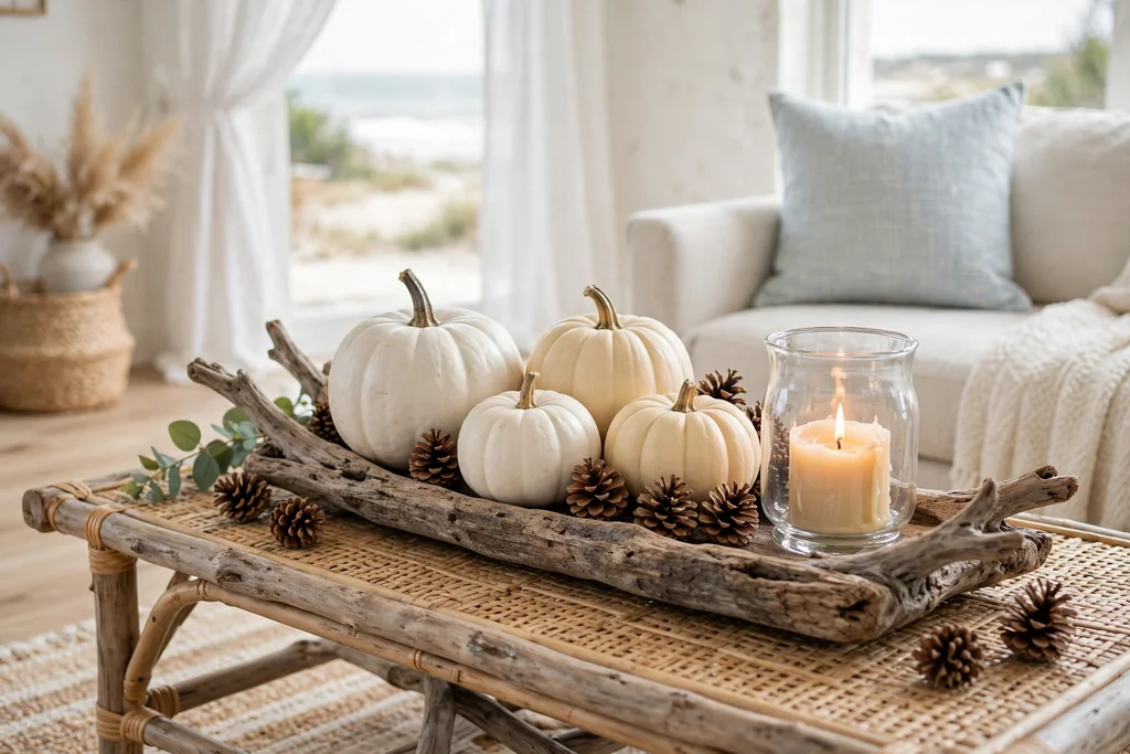 White and cream pumpkins arranged on a driftwood tray on a coastal coffee table.