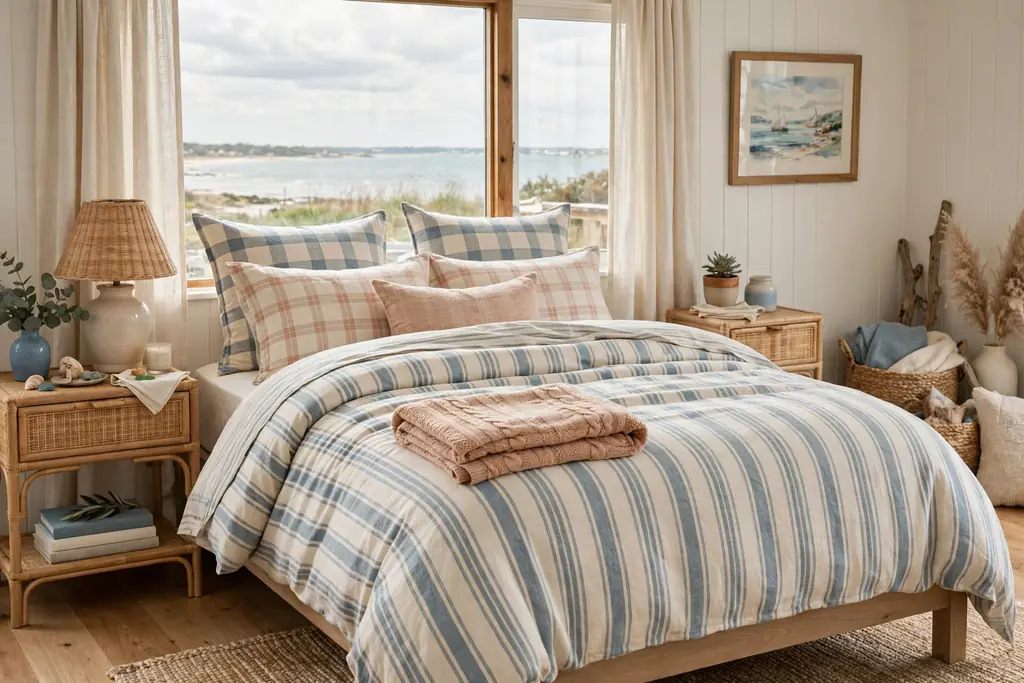 Bedroom with muted plaid bedding in cream, dusty blue, and pale rust for fall.