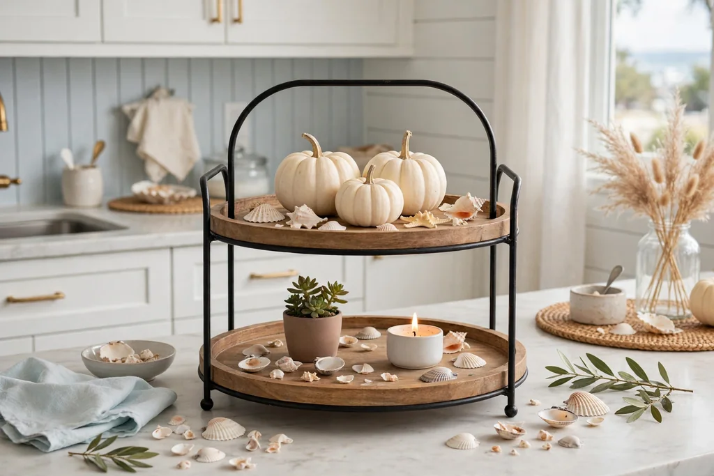 Kitchen tiered tray styled with small white pumpkins, shells, and a tiny plant.