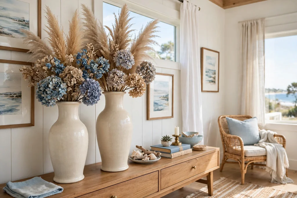 Tall ceramic vases filled with dried hydrangeas and pampas grass in a coastal room.