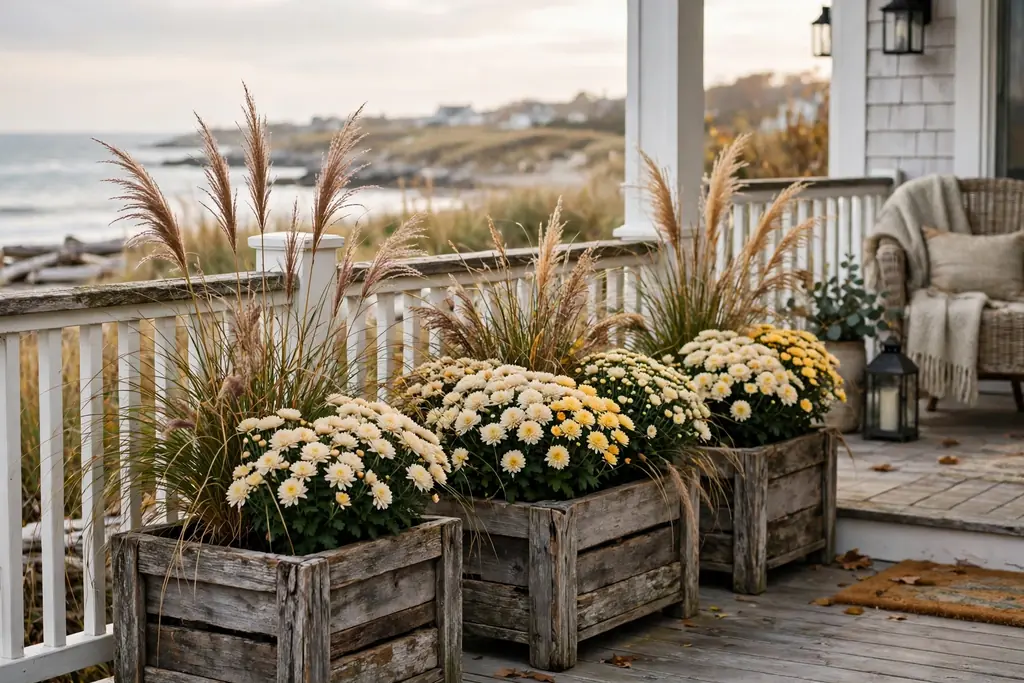 Coastal porch planters with muted mums and ornamental grass for fall.