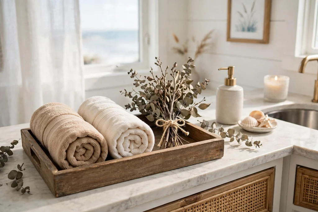 Bathroom wood tray with rolled sand towels and dried eucalyptus.