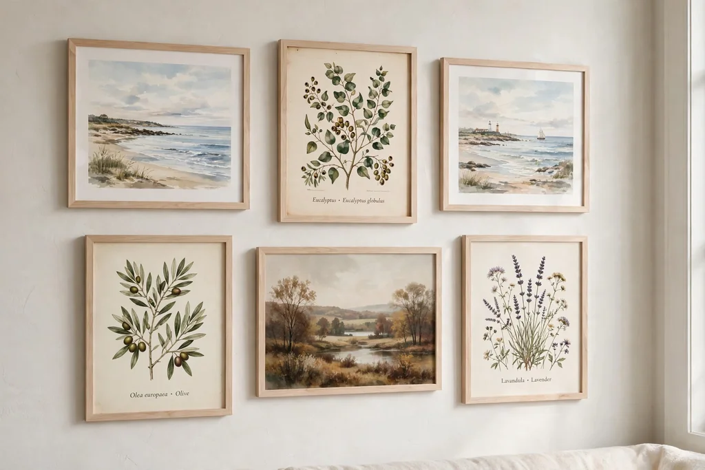 Gallery wall with shore prints, botanical prints, and a muted fall landscape.