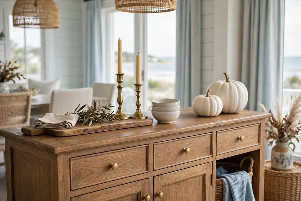 Dining sideboard styled with candlesticks, bowls, and white pumpkins for fall.