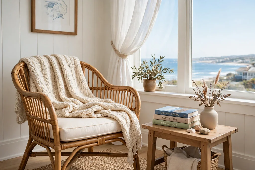 Rattan chair reading nook with a cream knit throw, books, and dried stems.
