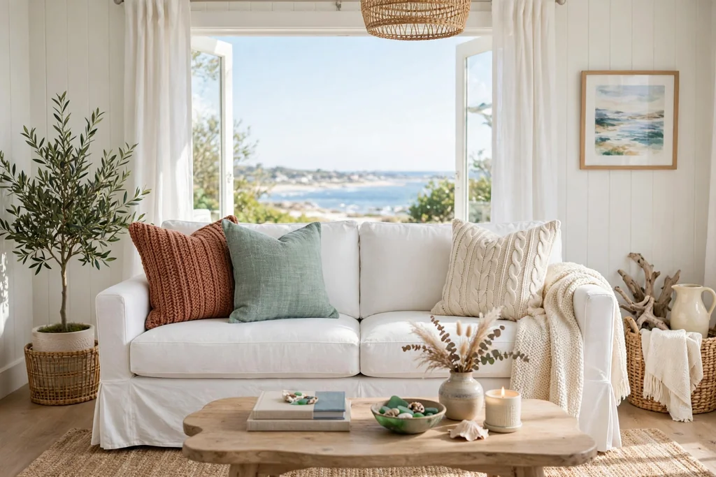 Slipcovered sofa styled with muted rust, sea glass, and cream pillows for fall.