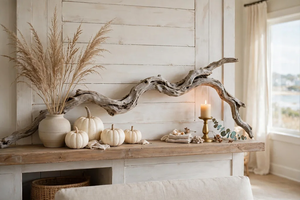 Coastal fall mantel with driftwood, dried grass, white pumpkins, and candles.