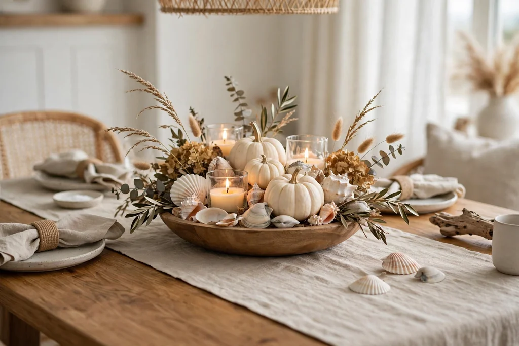 Dining table with a sand linen runner and a coastal fall centerpiece of pumpkins and shells.
