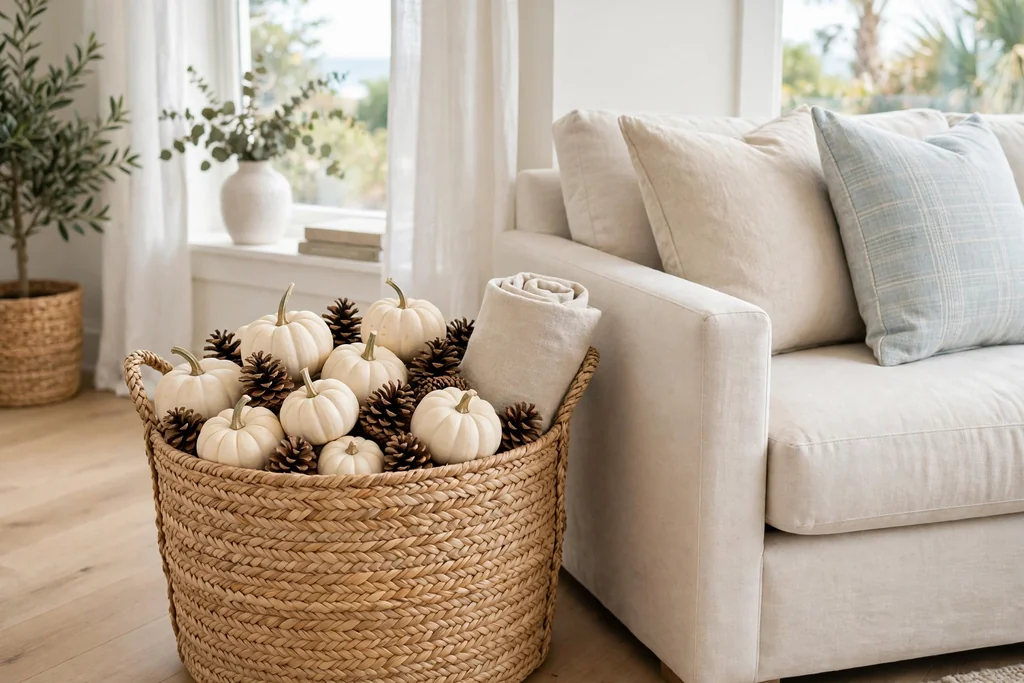 Seagrass basket filled with pinecones, small white pumpkins, and a rolled linen throw.