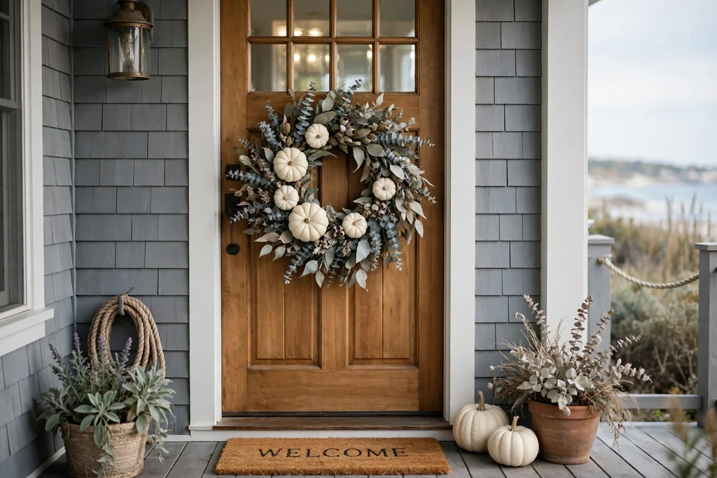 Front door decorated with a pale blue and sage eucalyptus wreath for fall.