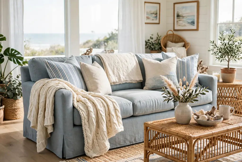 Coastal sofa layered with a cream knit throw and a light linen throw for fall.
