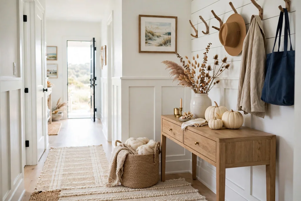 Coastal fall entryway with a rope basket, wool rug, and pumpkin console display.
